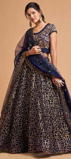 Blue color Lehenga in Net fabric with Aari work