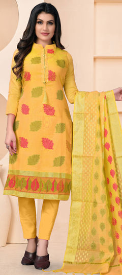 Yellow color Salwar Kameez in Banarasi Silk fabric with Weaving work