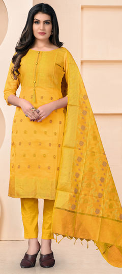 Yellow color Salwar Kameez in Banarasi Silk fabric with Weaving work