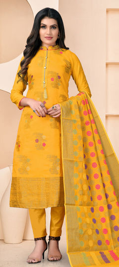 Yellow color Salwar Kameez in Banarasi Silk fabric with Weaving work