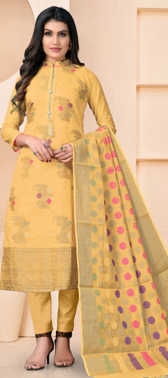 Beige and Brown color Salwar Kameez in Banarasi Silk fabric with Weaving work