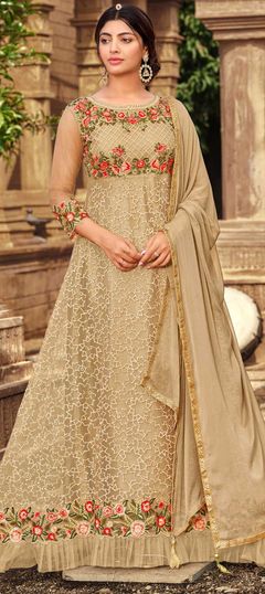 Beige and Brown color Salwar Kameez in Net fabric with Embroidered, Resham, Stone, Thread, Zari work