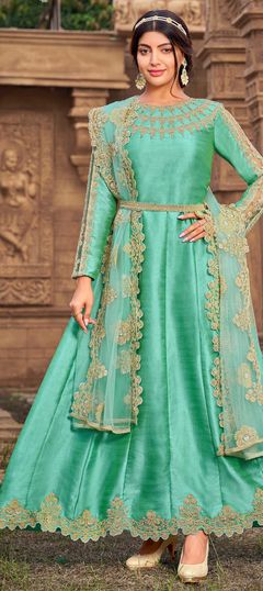 Green color Salwar Kameez in Net fabric with Embroidered, Stone, Thread work