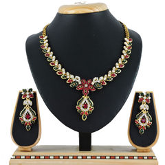 Gold Rodium Polish Green, Red and Maroon color Necklace in Metal Alloy studded with CZ Diamond