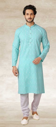 Blue color Kurta Pyjamas in Cotton fabric with Printed work