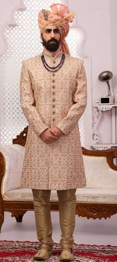 Pink and Majenta color Sherwani in Banarasi Silk fabric with Embroidered, Sequence, Thread, Zari work : 1780931