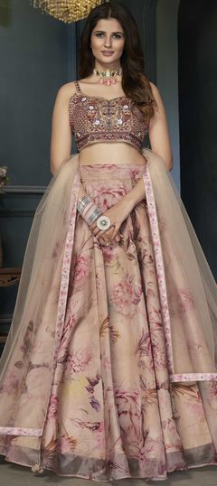 Beige and Brown color Ready to Wear Lehenga in Organza Silk fabric with Mirror work