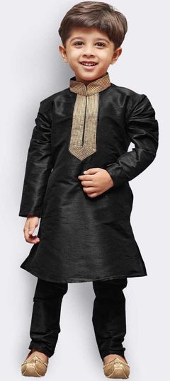 Black and Grey color Boys Kurta Pyjama in Art Dupion Silk fabric with Border work : 1781049