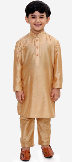 Beige and Brown color Boys Kurta Pyjama in Dupion Silk fabric with Thread work : 1781058