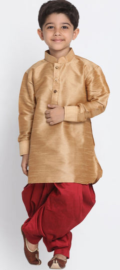 Beige and Brown color Boys Kurta Pyjama in Dupion Silk fabric with Thread work : 1781084