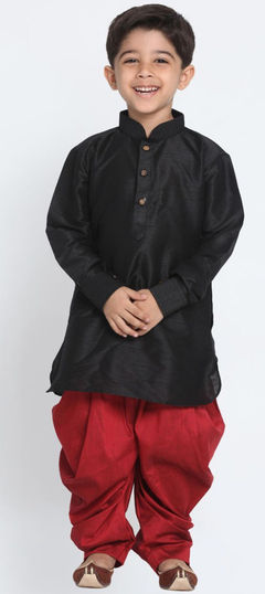 Black and Grey color Boys Kurta Pyjama in Dupion Silk fabric with Thread work : 1781085