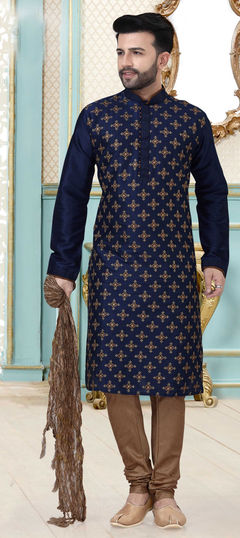 Blue color Kurta Pyjamas in Dupion Silk fabric with Embroidered, Thread work