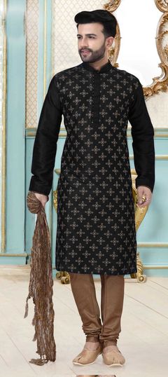 Black and Grey color Kurta Pyjamas in Dupion Silk fabric with Embroidered, Thread work