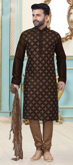 Beige and Brown color Kurta Pyjamas in Dupion Silk fabric with Embroidered, Thread work