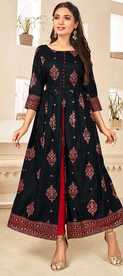 Casual Black and Grey color Kurti in Rayon fabric with Long, Slits Printed work : 1781225