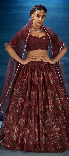 Festive, Party Wear Red and Maroon color Lehenga in Organza Silk fabric with A Line Digital Print, Floral work : 1781316