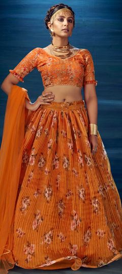 Festive, Party Wear Orange color Lehenga in Organza Silk fabric with A Line Digital Print, Floral work : 1781318