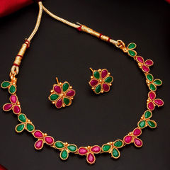 Gold Rodium Polish Multicolor color Necklace in Metal Alloy studded with Kundan