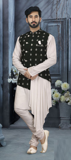 White and Off White color Kurta Pyjama with Jacket in Dupion Silk fabric with Thread work