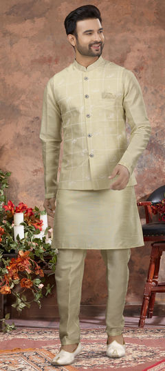 Green color Kurta Pyjama with Jacket in Dupion Silk fabric with Printed work