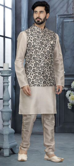 Beige and Brown color Kurta Pyjama with Jacket in Dupion Silk fabric with Printed work