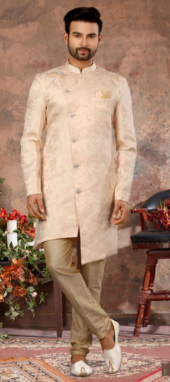 Beige and Brown color IndoWestern Dress in Jacquard fabric with Resham, Thread work : 1781575