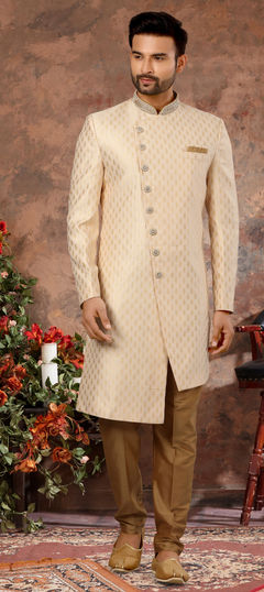 Beige and Brown color IndoWestern Dress in Jacquard fabric with Stone, Zari work : 1781580