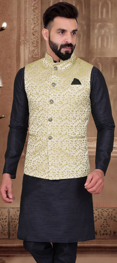 Green color Nehru Jacket in Jacquard fabric with Weaving work