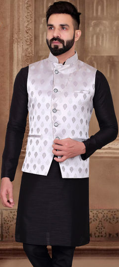 Silver color Nehru Jacket in Banarasi Silk fabric with Weaving work