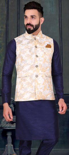 Beige and Brown color Nehru Jacket in Jacquard fabric with Weaving work