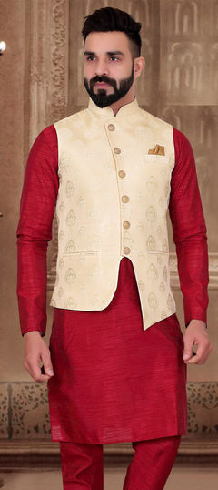 Beige and Brown color Nehru Jacket in Jacquard fabric with Weaving work