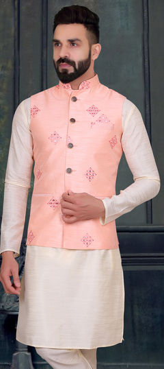 Pink and Majenta color Nehru Jacket in Art Silk fabric with Weaving work