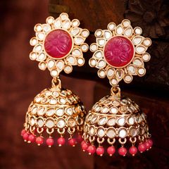 Gold Rodium Polish Pink and Majenta color Earrings in Metal Alloy studded with Kundan