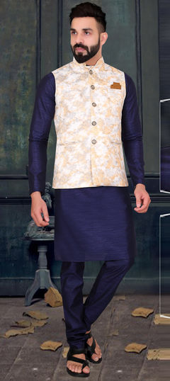 Blue color Kurta Pyjama with Jacket in Silk fabric with Weaving work