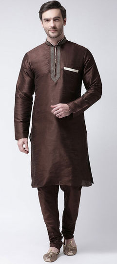 Beige and Brown color Kurta Pyjamas in Dupion Silk fabric with Thread work