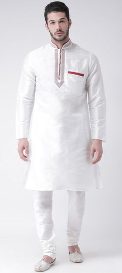 White and Off White color Kurta Pyjamas in Dupion Silk fabric with Thread work