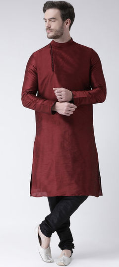 Red and Maroon color Kurta Pyjamas in Dupion Silk fabric with Thread work