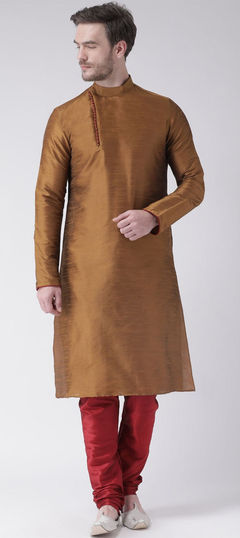 Beige and Brown color Kurta Pyjamas in Dupion Silk fabric with Thread work