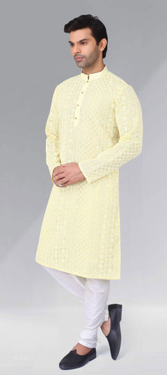 Yellow color Kurta Pyjamas in Cotton fabric with Embroidered, Resham, Thread work