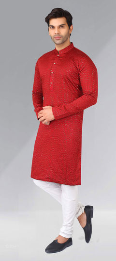 Red and Maroon color Kurta Pyjamas in Cotton fabric with Embroidered, Resham, Thread work