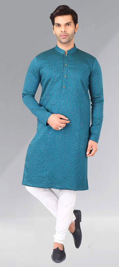 Blue color Kurta Pyjamas in Art Silk fabric with Embroidered, Resham, Thread work