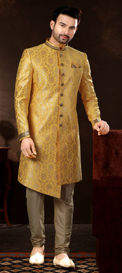 Gold color Sherwani in Jacquard fabric with Thread, Weaving, Zari work