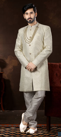 White and Off White color Sherwani in Jacquard fabric with Embroidered, Resham, Sequence, Thread work