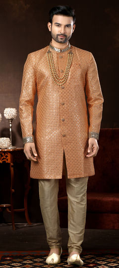 Pink and Majenta color Sherwani in Jacquard fabric with Embroidered, Resham, Sequence, Thread work