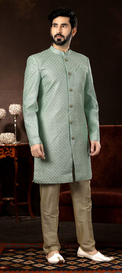 Green color Sherwani in Jacquard fabric with Embroidered, Resham, Sequence, Thread work