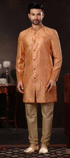 Pink and Majenta color Sherwani in Jacquard fabric with Embroidered, Resham, Sequence, Thread work