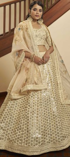 Beige and Brown color Lehenga in Art Silk fabric with Embroidered, Sequence, Thread work