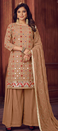 Beige and Brown color Salwar Kameez in Faux Georgette fabric with Mirror, Resham, Sequence, Thread, Zari work