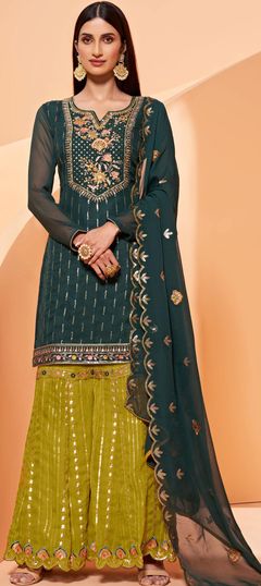 Blue color Salwar Kameez in Georgette fabric with Embroidered, Resham, Sequence, Thread work