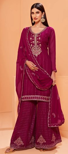 Pink and Majenta color Salwar Kameez in Georgette fabric with Embroidered, Resham, Sequence, Thread work